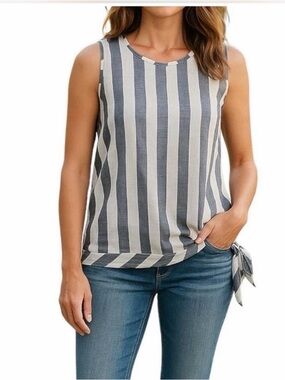 J. Crew Vertical Stripe Tie-Hem Tank - Gray & White Linen Blend